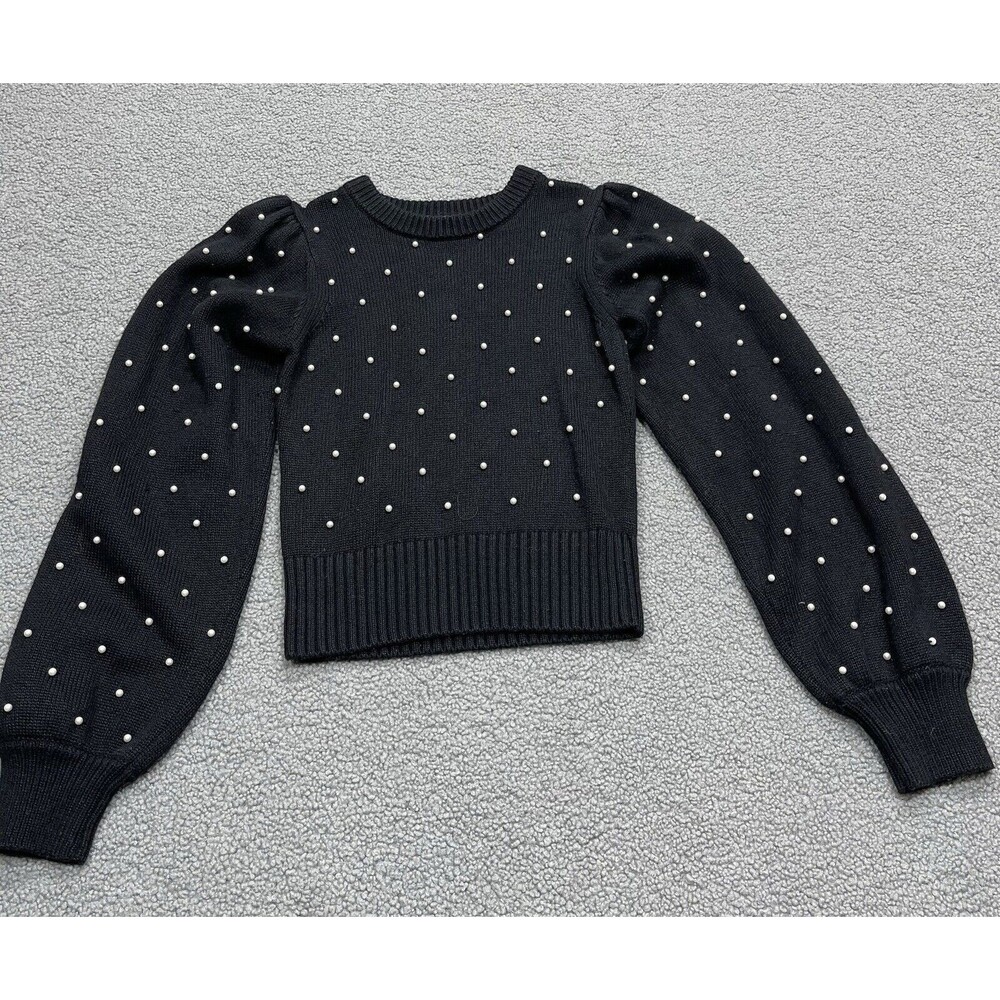 Ronny Kobo Women Sweater Black Pearls Preppy Puff Sleeve Boho Retro Crew Sz XS